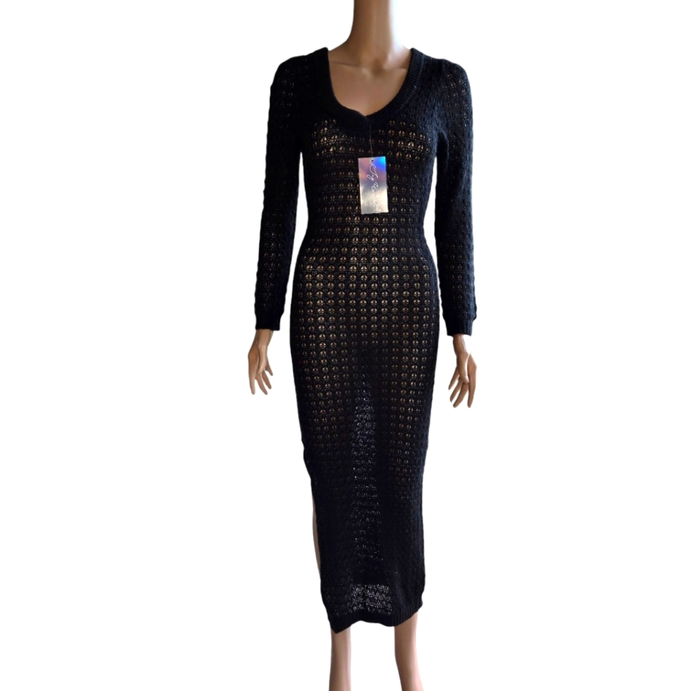 Say What Black Body Con Long Sheer Knit Cover Up‎ Sweater Dress Stretchy Size M